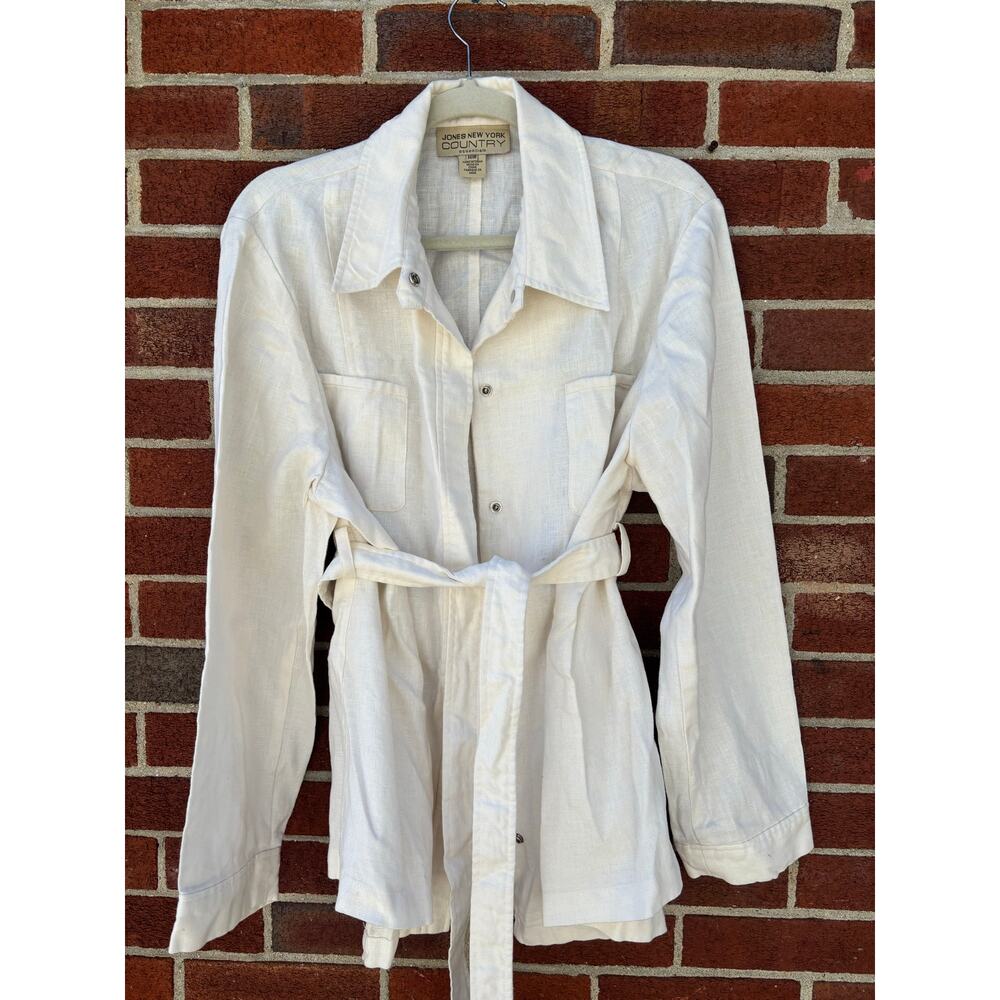 Jones New York Country White Linen Blend Belted Button Up Jacket Shirt Women’s - Picture 4 of 15